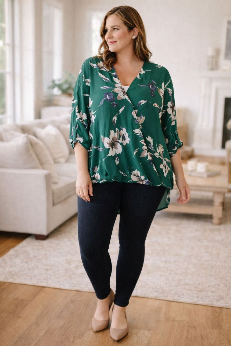 West Kei | Plus Size Floral Faux Wrap Top | XXL | Green Floral Blouse 3/4 Sleeve